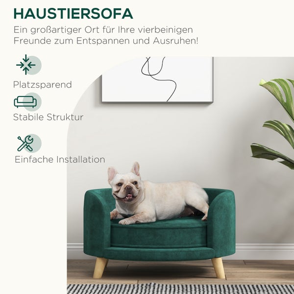 PawHut Hundesofa, Haustiersofa mit Samtoptik, Katzensofa mit Kissen, Hundebett, Hundecouch mit Erhöhtem Design, Hundesessel mit Holzbeine, Grün, 68 x 68 x 35 cm