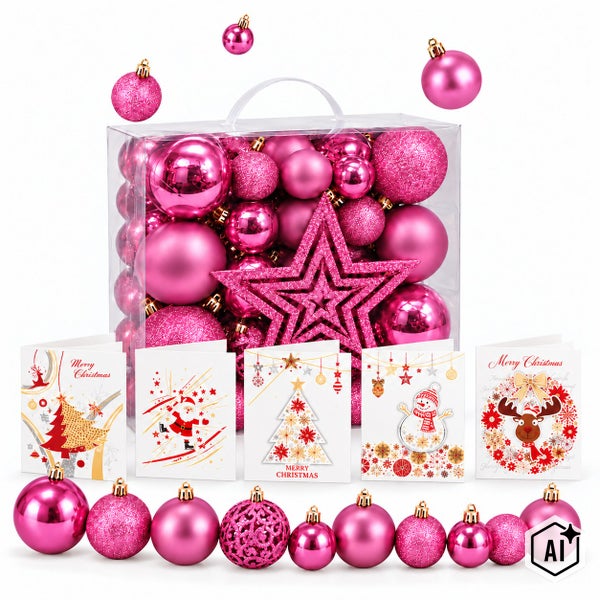 Set mit pinken Weihnachtskugeln in verschiedenen Ausführungen und fünf Weihnachtskarten in einer transparenten Aufbewahrungsbox