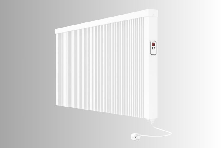 Elektrischer Flachheizkörper mit digitalem Thermostat und Netzkabel zur Wandmontage