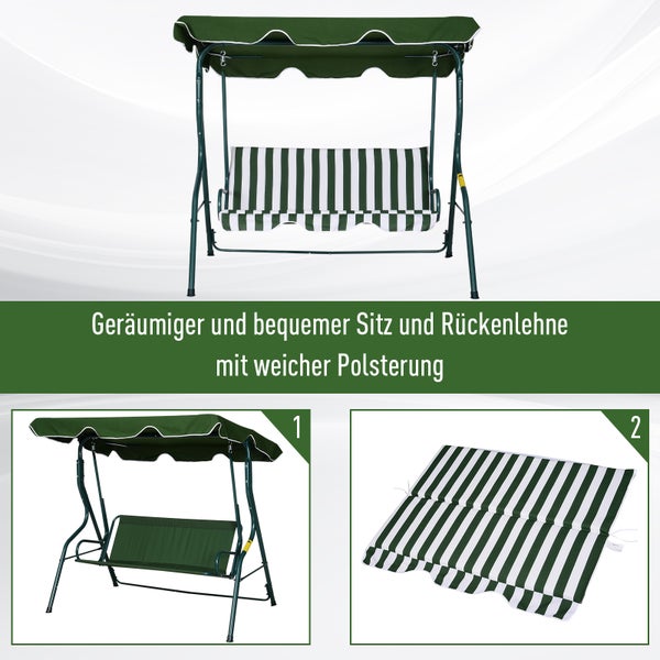 Outsunny Hollywoodschaukel, 3-Sitzer Gartenschaukel, Verstellbares Sonnendach, 170 x 110 x 153 cm, Metallrahmen, Grün