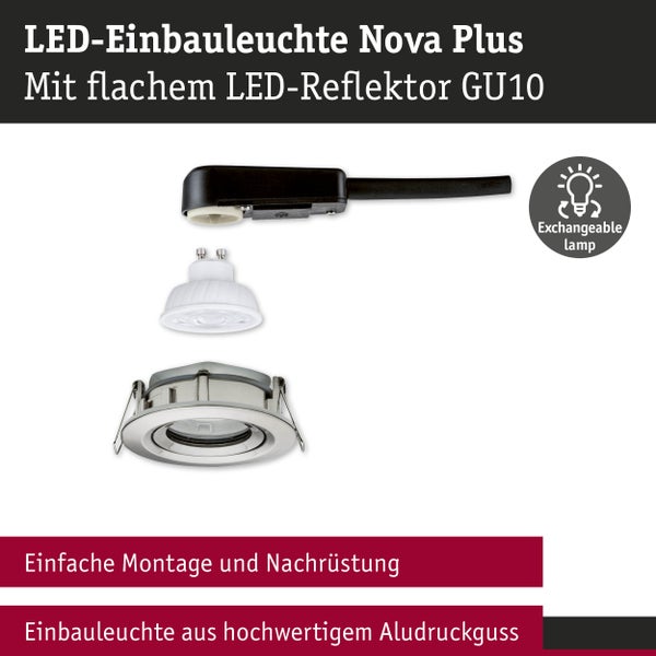 LED-Einbauleuchte Nova Plus mit flachem LED-Reflektor GU10, Gehäuse aus Aluminiumdruckguss, austauschbares Leuchtmittel.