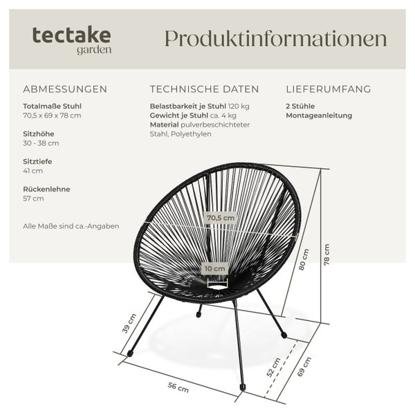 2er Set Gartenstuhl tectake Santana Belastbarkeit 120 kg, 70,5 x 69 x 78 cm Retro-Design im Acapulco-Stil schwarz