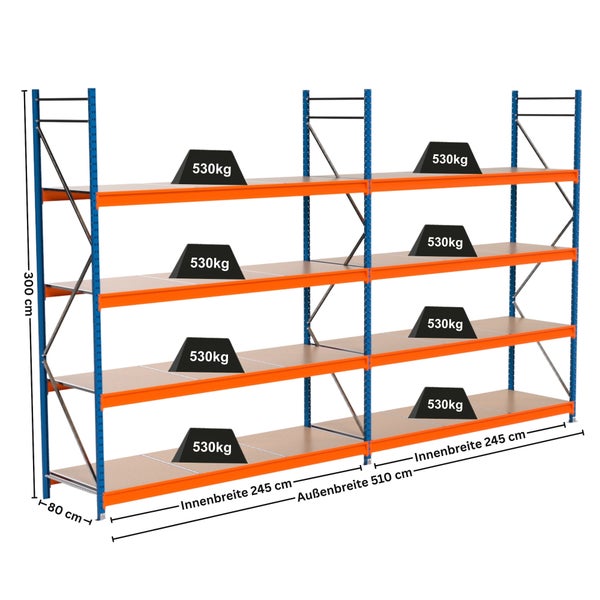 Lagerregal mit vier Ebenen und Gewichtsangaben