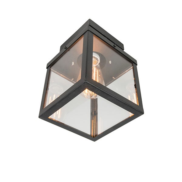 Quadratische Deckenleuchte mit schwarzem Metallrahmen und klaren Glasflächen, inklusive sichtbarem Leuchtmittel in Filamentoptik.