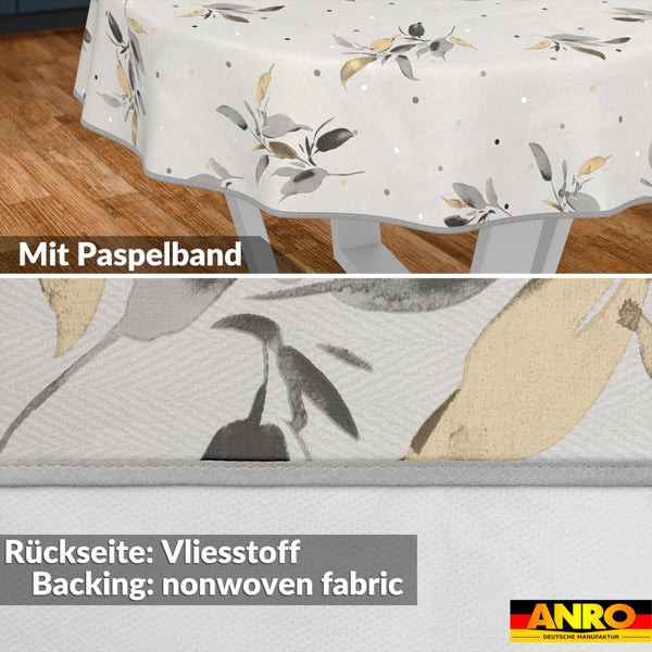 Rundes Wachstuch mit Blättermuster, Paspelband-Einfassung, Vliesstoff-Rückseite und ANRO Logo.
