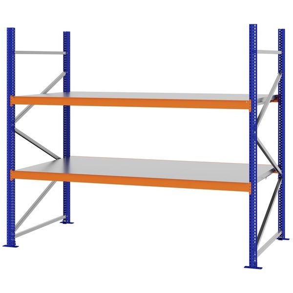 Weitspannregal aus Metall mit zwei Ebenen, blauen Pfosten, orangefarbenen Traversen und grauen Fachböden.
