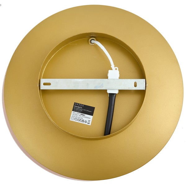 Rückseite einer runden Wandleuchte mit Befestigungselementen und Kabel