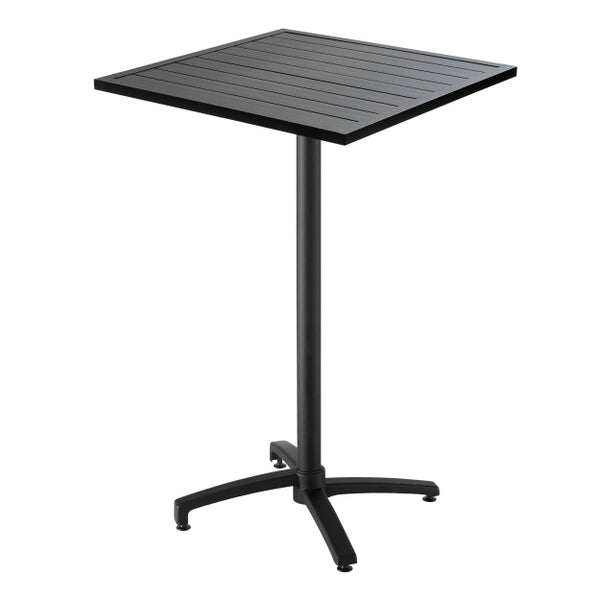 Schwarzer quadratischer Stehtisch aus Metall mit Lattendesign und Kreuzfuß.