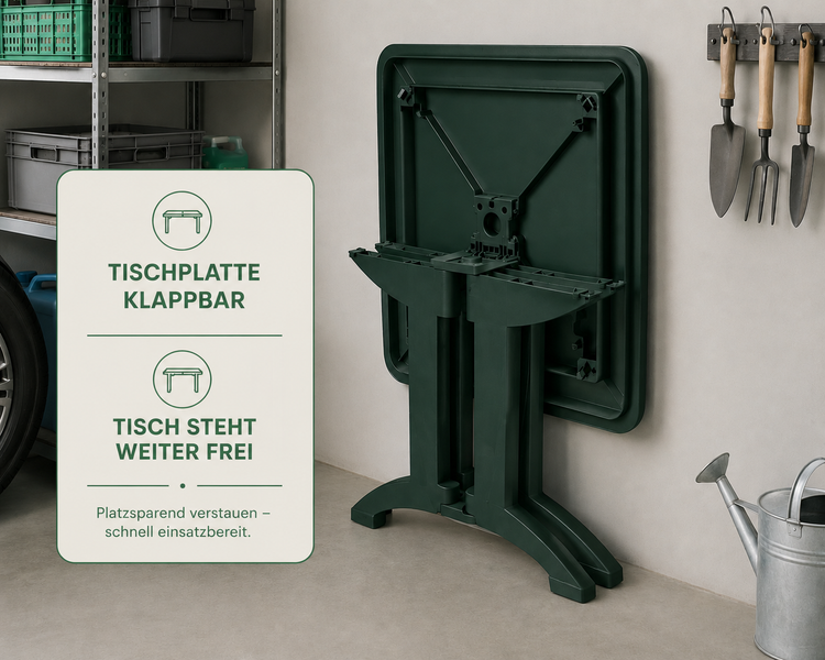 Klappbarer Gartentisch aus Kunststoff in platzsparender, freistehender Position neben Gartenwerkzeugen.