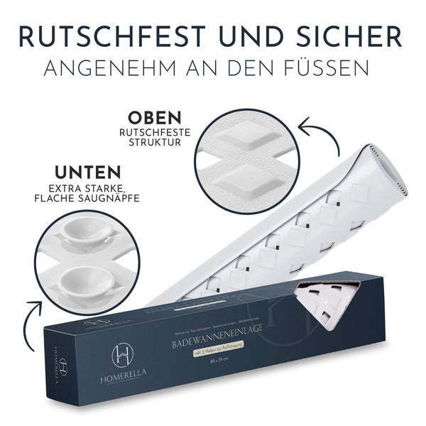 Homerella Badewannenmatte rutschfest Hautsensitiv 88x39cm, INKL. AUFHÄNGUNG | Antirutschmatte Badewanne BPA frei | Duschmatte schimmelresistent & maschinenwaschbar | Badematte rutschfest