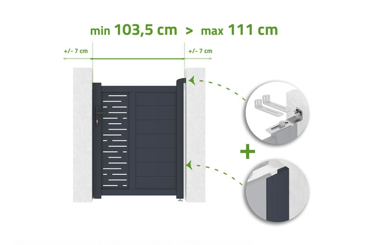 Verstellbare Gartentür zwischen Pfosten mit einer Breite von minimal 103,5 bis maximal 111 Zentimeter und plus oder minus 7 Zentimeter Spielraum.