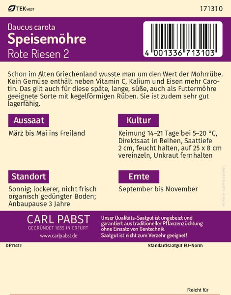 Rückseite der Samentüte für Speisemöhre Rote Riesen 2 mit Carl Pabst Logo und Informationen zu Aussaat, Kultur, Standort und Ernte.