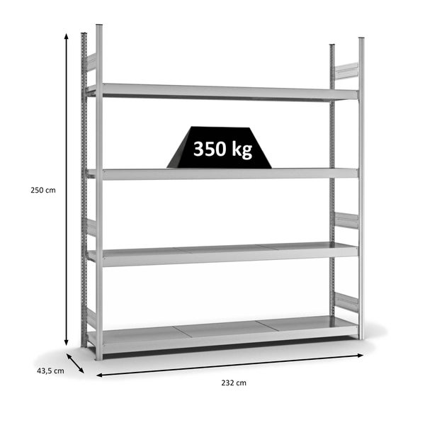 PROREGAL Weitspannregal Stecksystem T-Profil Grundregal HxBxT 250x225x40 cm 4 Ebenen Stahlplatten Fachboden Fachlast 350 kg Verzinkt