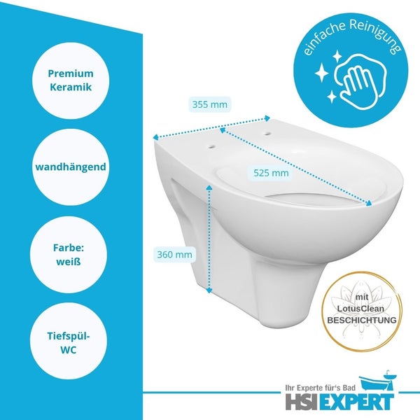 Wandhängendes Tiefspül-WC aus Premium Keramik mit LotusClean Beschichtung und Maßangaben