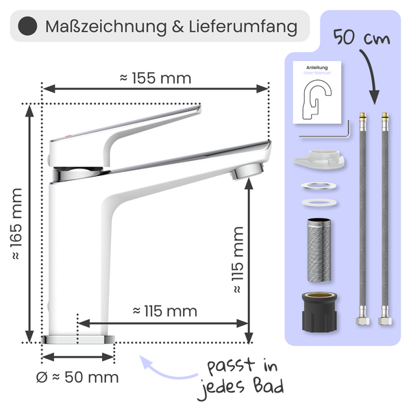 Maßzeichnung und Lieferumfang einer Armatur mit den Maßen 165 mm Höhe, 155 mm Ausladung, 115 mm Höhe bis Auslauf und 50 mm Durchmesser des Sockels