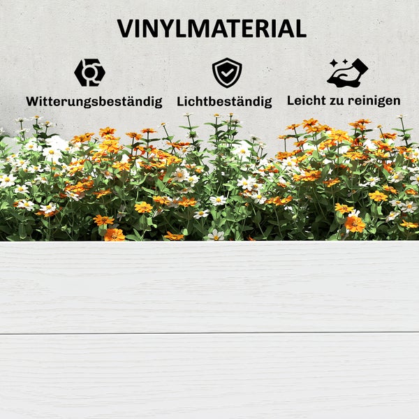 Vinylmaterial: witterungsbeständig, lichtbeständig und leicht zu reinigen. Oberfläche mit Holzstruktur und Blumen im Hintergrund.
