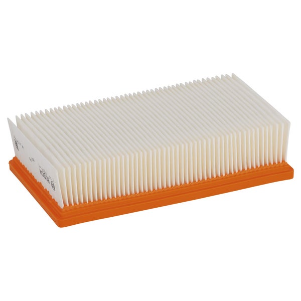 Rechteckiger Bosch Luftfilter mit weißem Faltenfilter und orangefarbenem Dichtungsrahmen.