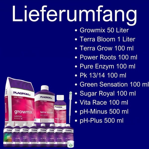Plagron Set Lieferumfang: Growmix 50 Liter, Terra Bloom 1 Liter, Terra Grow, Power Roots, Pure Enzym, Pk 13-14, Green Sensation und pH-Regulatoren.