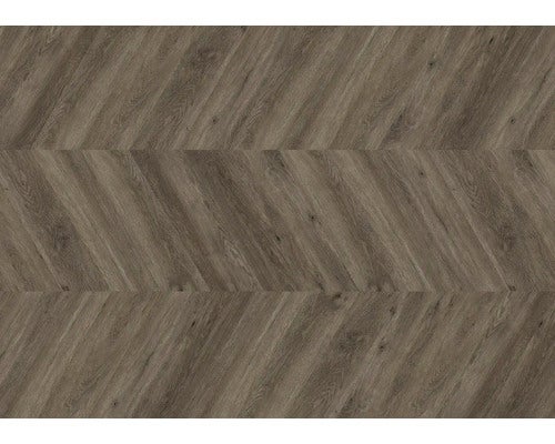 Bodenbelag in Holzoptik mit Chevron-Muster in Dunkelgrau und Braun.
