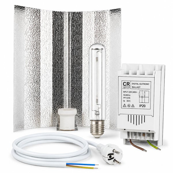 Pflanzenlampen Set mit Reflektor, Natriumdampflampe, digitalem Vorschaltgerät und Stromkabel zur Pflanzenbeleuchtung.