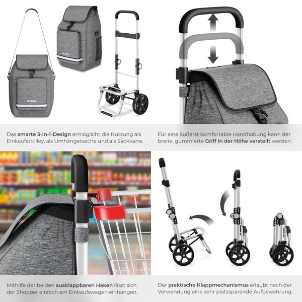 Einkaufstrolley mit Trolleyfunktion, Schultertasche und Sackkarre