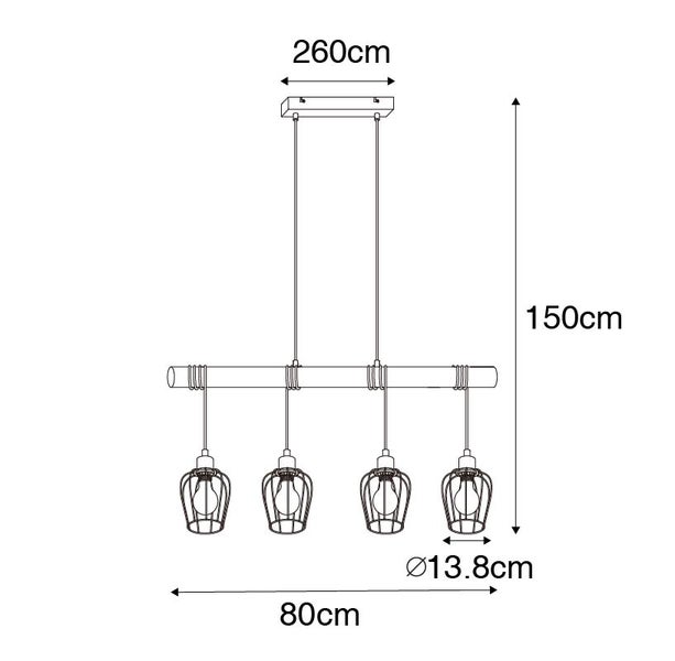 Technische Zeichnung einer Hängeleuchte mit vier Lampen, Abmessungen sind dargestellt