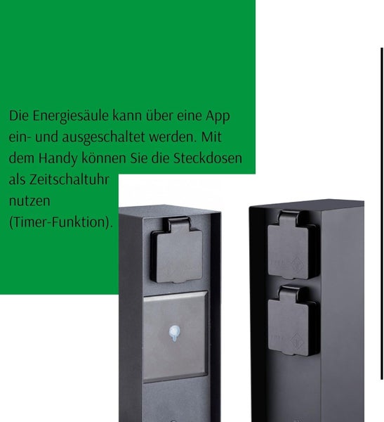 Energiesäule für den Außenbereich mit App-Steuerung und Timer-Funktion, spritzwassergeschützt nach Schutzart IP44.