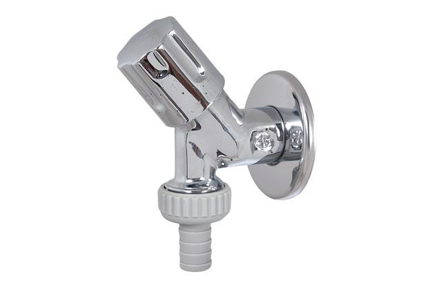 Verchromtes Auslaufventil für Wandmontage mit Schlauchanschluss und Rosette