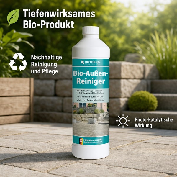 Hotrega Bio Außenreiniger Flasche für Gehwege und Terrassen mit Tiefenwirkung und photo-katalytischer Wirkung für nachhaltige Reinigung und Pflege.