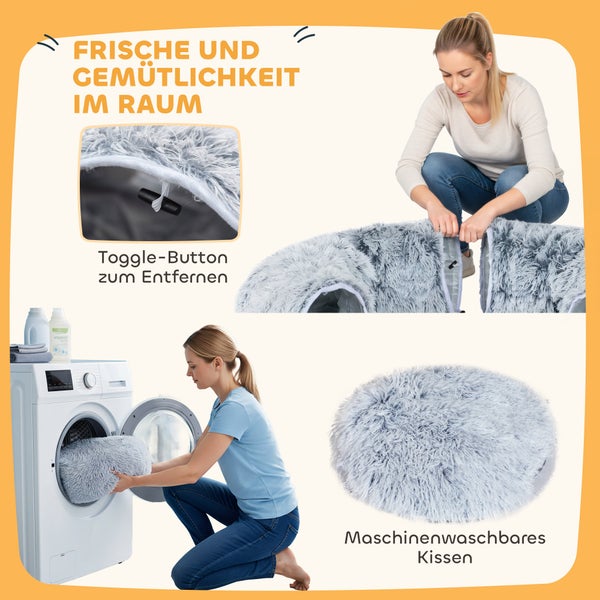 Abbildung eines waschbaren Hundebetts mit abnehmbarem Kissen und Knebelknopf