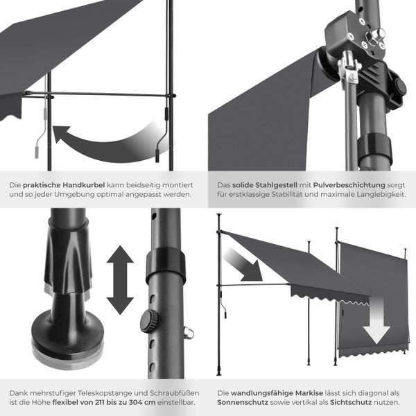 Klemmmarkise tectake  einfache Montage mit Handkurbel schwarz/grau