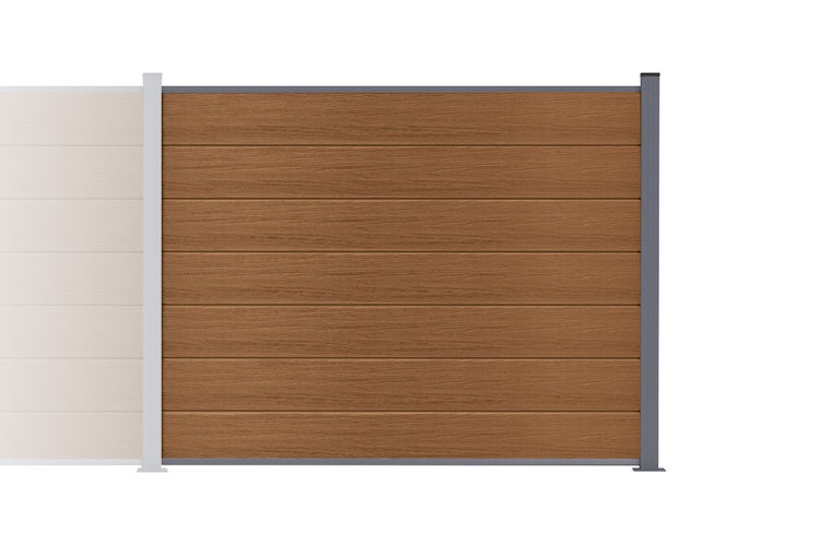 WPC Sichtschutzzaun mit horizontalen Lamellen in Holzoptik und Metallpfosten