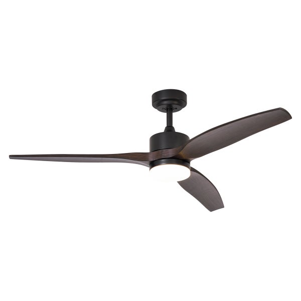 Moderner Deckenventilator mit drei dunkelbraunen Flügeln in Holzoptik und integrierter Beleuchtung.