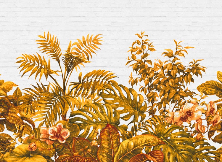 Vliesfototapete mit tropischen Pflanzen wie Monstera, Palmenblättern und Orchideen vor einer Ziegelwand.