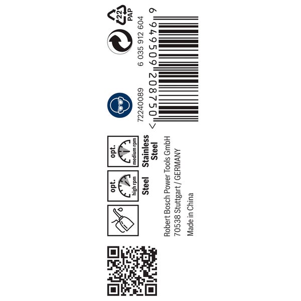 Informationen zu Stahl und Edelstahl, Drehzahl, Barcode, Papierverpackungssymbol, Schutzbrillensymbol, sowie Robert Bosch Power Tools Logo.