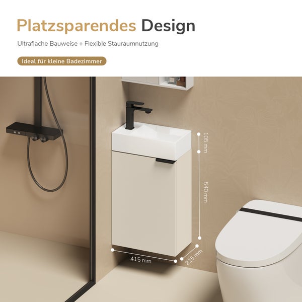 Platzsparender Waschtisch mit Unterschrank in einem kompakten Badezimmer mit Duschabtrennung und Toilette