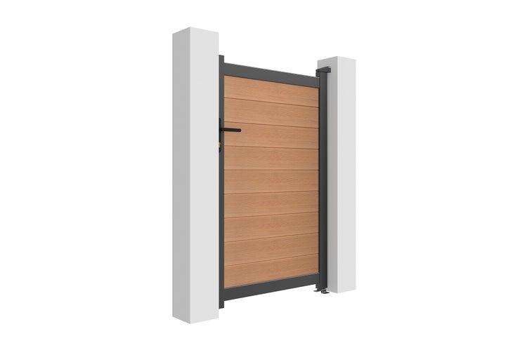Einflügeliges Gartentor mit Holz-Kunststoff-Paneelen in Holzoptik und Metallrahmen in Anthrazit zwischen zwei Pfosten.