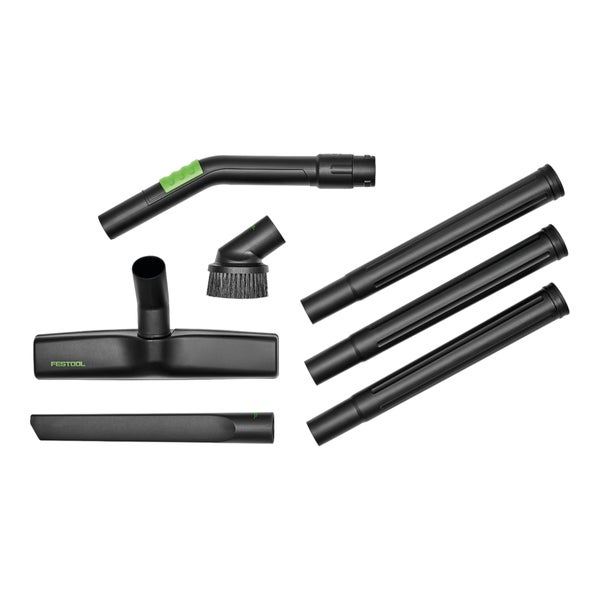 Festool Staubsauger-Zubehörset mit Bodendüse, Fugendüse, Saugpinsel, Handrohr und drei Verlängerungsrohren aus Kunststoff.