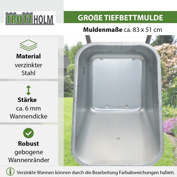 Trutzholm Logo, eine große Tiefbettmulde aus verzinktem Stahl mit den Maßen circa 83 mal 51 Zentimeter und einer Wandstärke von circa 6 Millimeter.