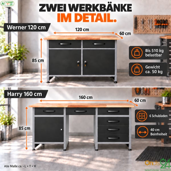 Vergleich zweier Werkbänke Modell Werner und Modell Harry mit Maßangaben zu Breite Tiefe Höhe Belastbarkeit Gewicht und Stauraum.