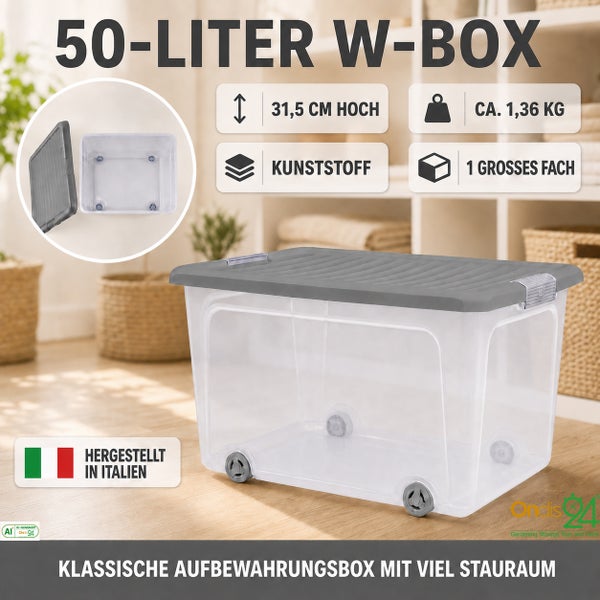 Aufbewahrungsbox W-Box mit 50 Liter Fassungsvermögen aus Kunststoff mit Rollen und Deckel.