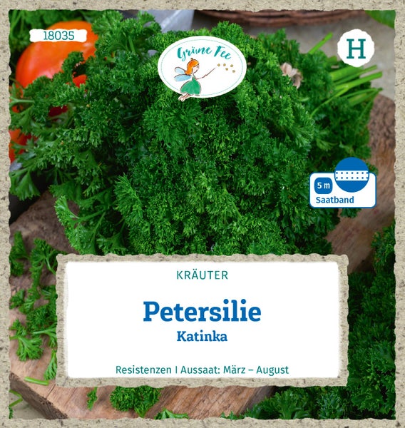 Grüne Fee Logo, Petersilie Katinka Kräutersamen als 5 Meter langes Saatband, Aussaat von März bis August.