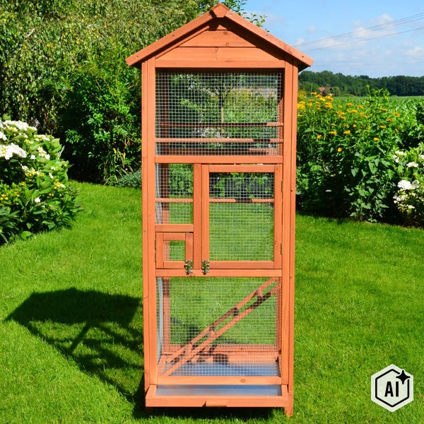 Hohe Vogelvoliere aus Holz mit Gitter und Türen für den Außenbereich