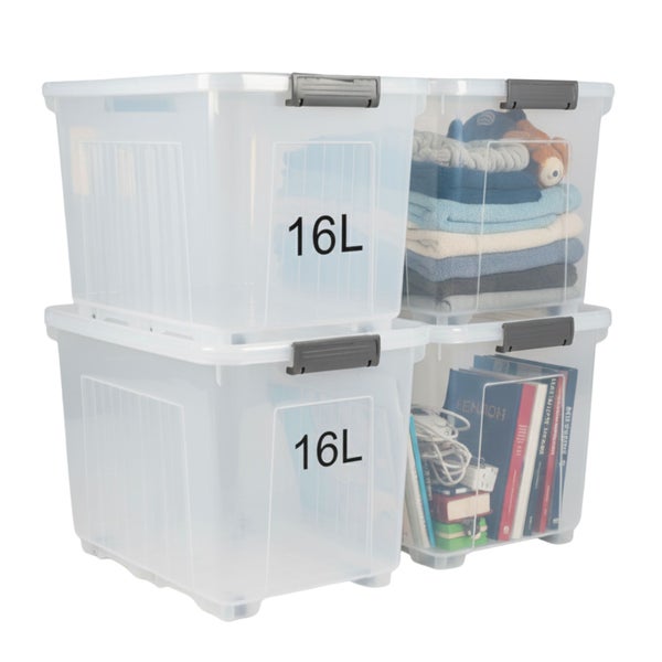 Stapel aus transparenten 16-Liter-Aufbewahrungsboxen aus Kunststoff mit Deckel