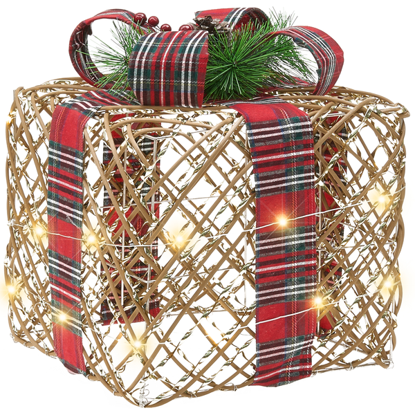 Weihnachtsdeko Geschenkbox aus Drahtgeflecht mit LED Beleuchtung, karierter Schleife und Tannenzweigen.