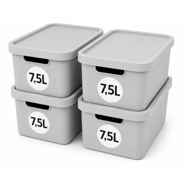 Set aus vier stapelbaren Aufbewahrungsboxen mit Deckel, je 7,5 Liter Fassungsvermögen, aus Kunststoff