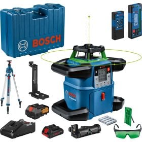Bosch Professional Rotationslaser Set mit Stativ, Empfänger, Akku, Ladegerät, Wandhalterung und Koffer für präzise Nivellierarbeiten.