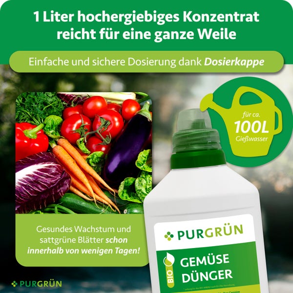 Purgrün Bio Gemüsedünger Konzentrat, 1 Liter für circa 100 Liter Wasser, mit Dosierkappe und Abbildung von Tomaten, Karotten und Auberginen.