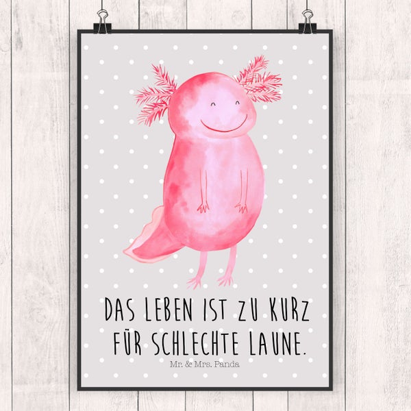 Mr. & Mrs. Panda DIN A5 Poster Axolotl Glücklich - Grau Pastell