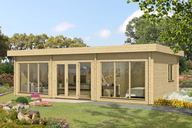 Modernes Gartenhaus aus Holz mit Flachdach und großzügiger Fensterfront in einem Garten mit Blumenbeeten.